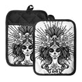 Black And White Calavera Girl Print Pot Holders With Pocket