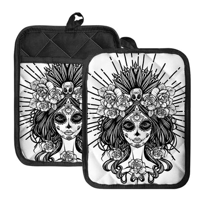 Black And White Calavera Girl Print Pot Holders With Pocket