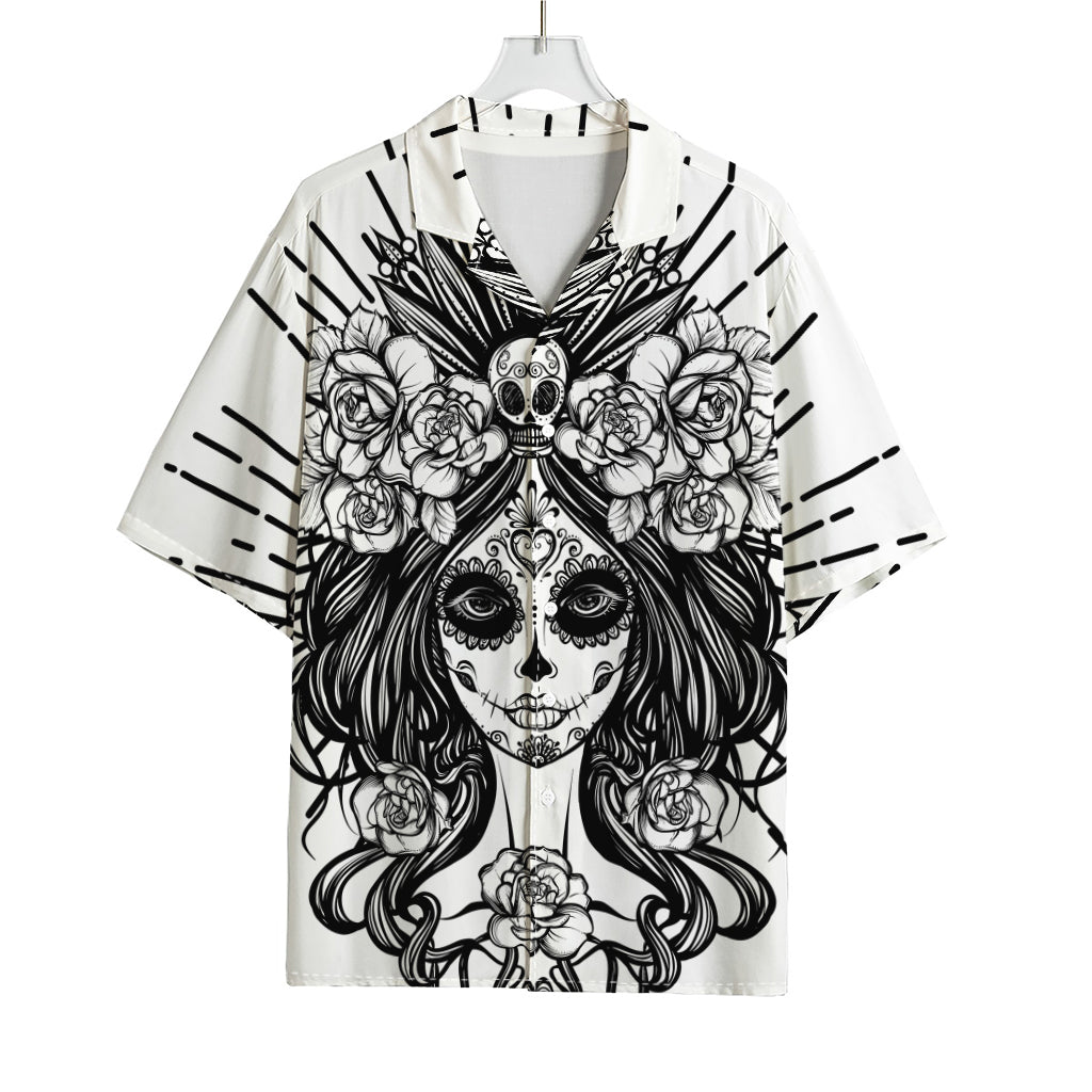 Black And White Calavera Girl Print Rayon Hawaiian Shirt