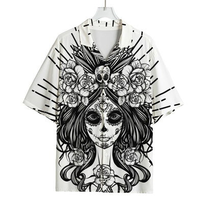 Black And White Calavera Girl Print Rayon Hawaiian Shirt