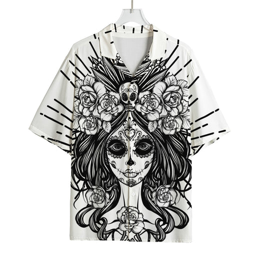 Black And White Calavera Girl Print Rayon Hawaiian Shirt
