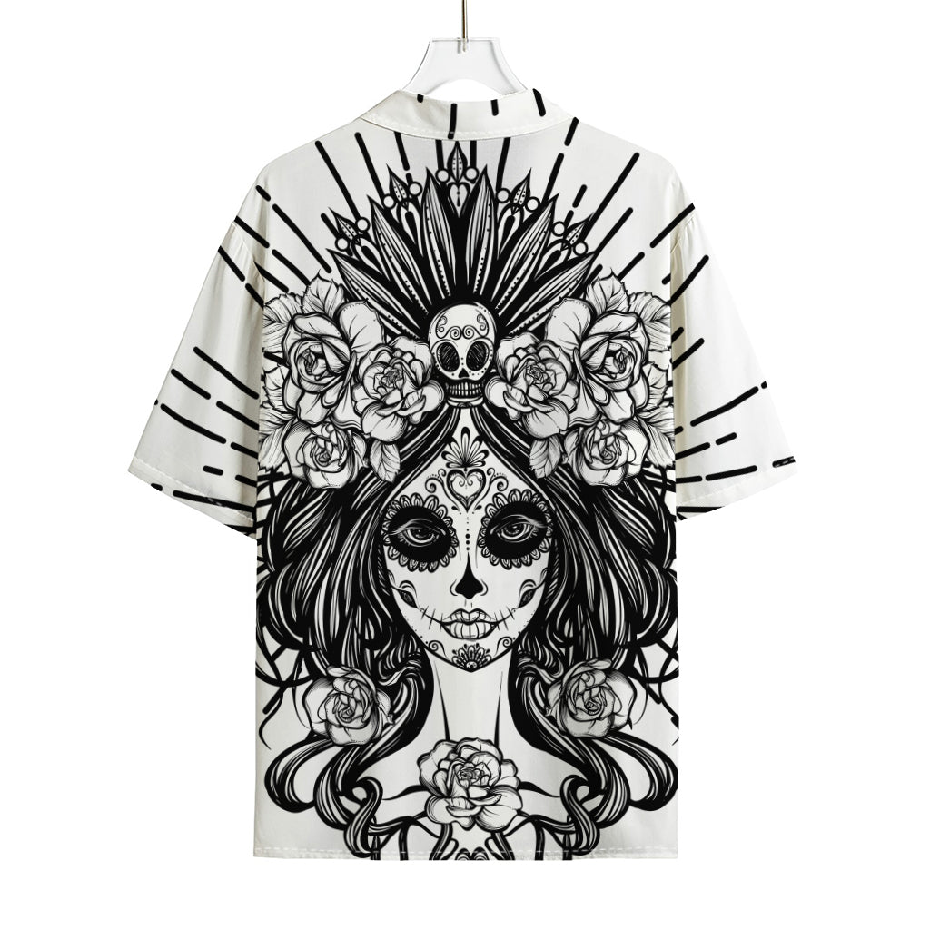 Black And White Calavera Girl Print Rayon Hawaiian Shirt