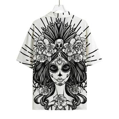 Black And White Calavera Girl Print Rayon Hawaiian Shirt