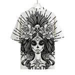 Black And White Calavera Girl Print Rayon Hawaiian Shirt