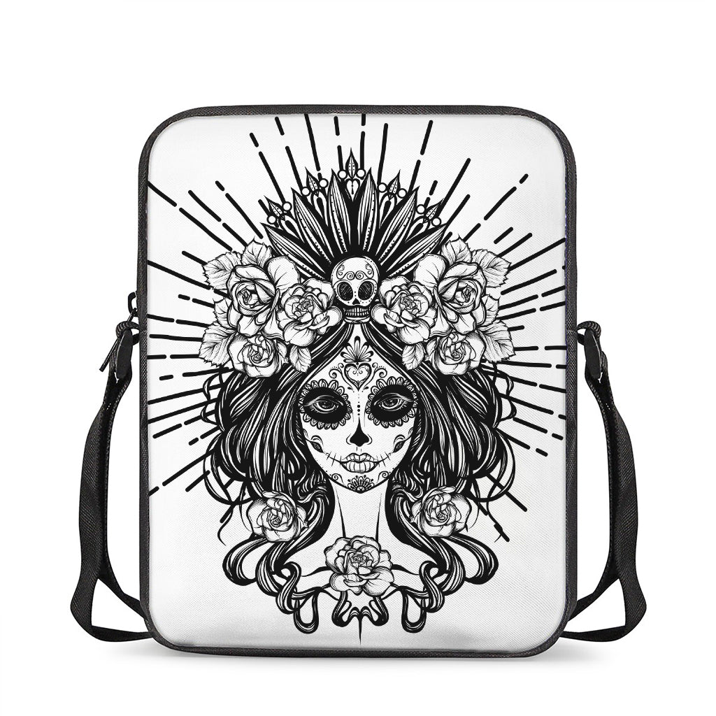 Black And White Calavera Girl Print Rectangular Crossbody Bag