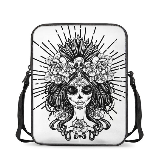 Black And White Calavera Girl Print Rectangular Crossbody Bag