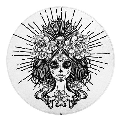 Black And White Calavera Girl Print Round Blanket