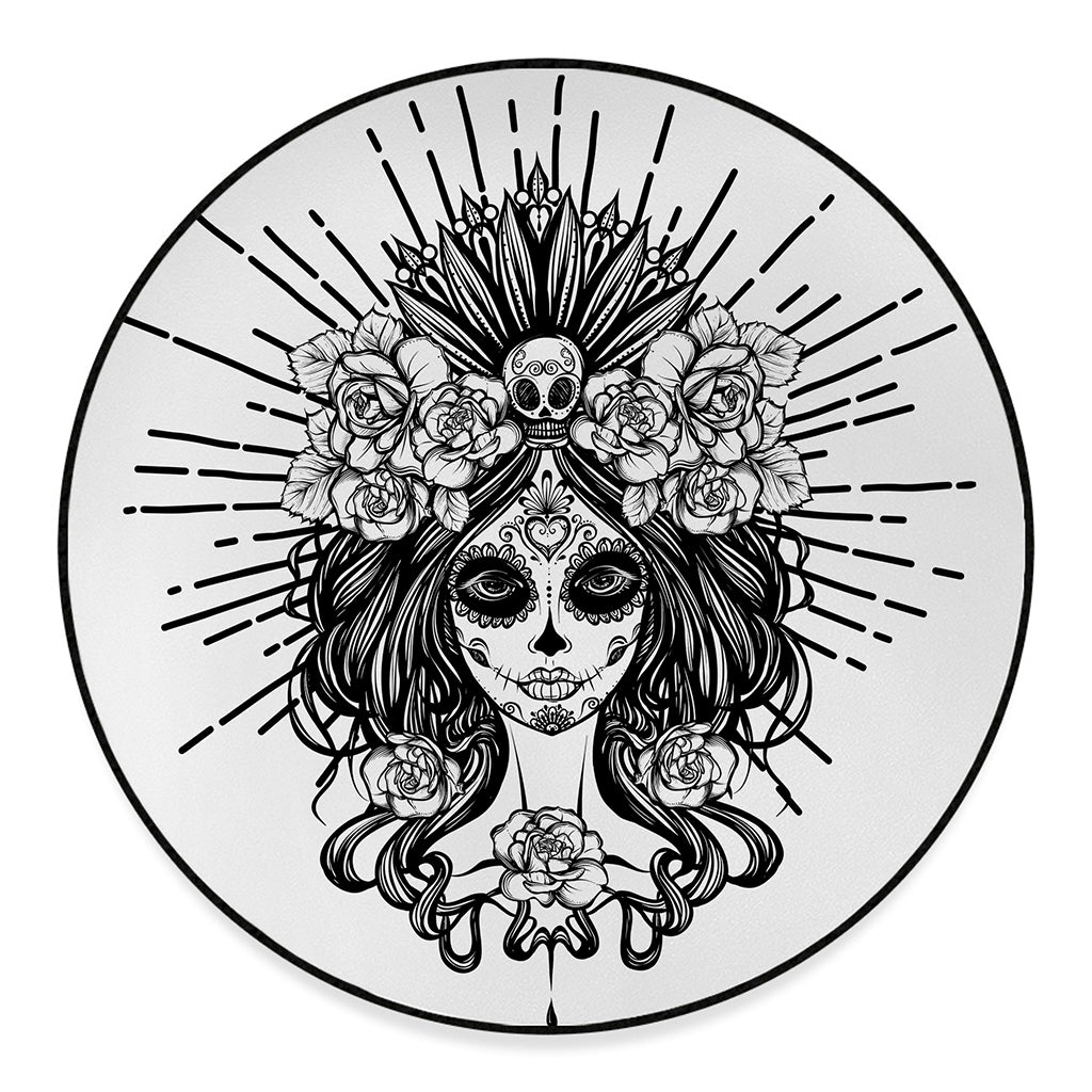 Black And White Calavera Girl Print Round Floor Mat