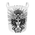 Black And White Calavera Girl Print Round Laundry Basket