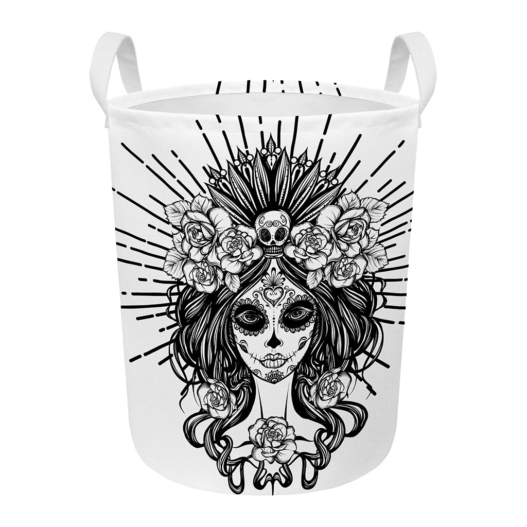 Black And White Calavera Girl Print Round Laundry Basket