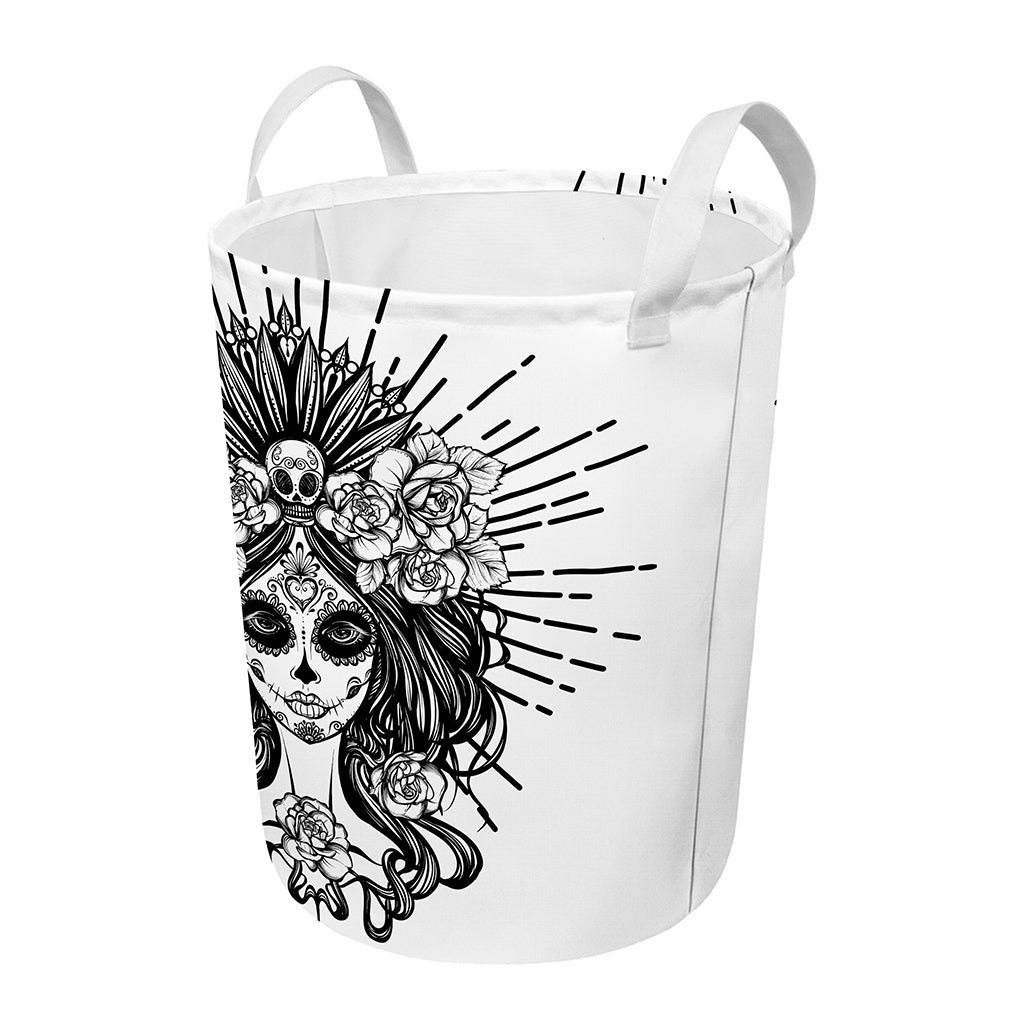 Black And White Calavera Girl Print Round Laundry Basket