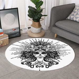 Black And White Calavera Girl Print Round Rug