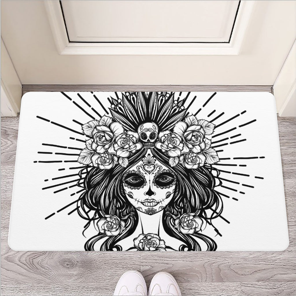 Black And White Calavera Girl Print Rubber Doormat