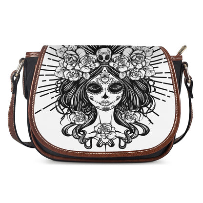 Black And White Calavera Girl Print Saddle Bag
