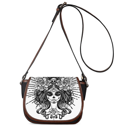 Black And White Calavera Girl Print Saddle Bag