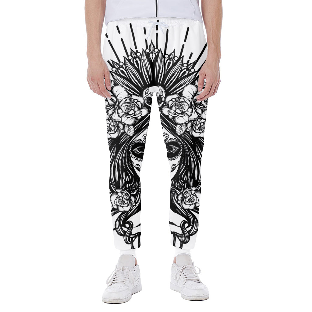 Black And White Calavera Girl Print Scuba Joggers