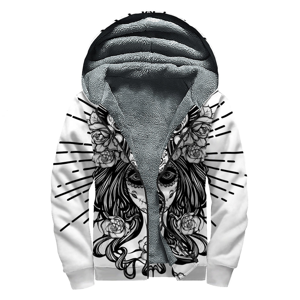 Black And White Calavera Girl Print Sherpa Lined Zip Up Hoodie