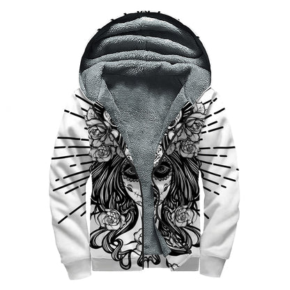 Black And White Calavera Girl Print Sherpa Lined Zip Up Hoodie