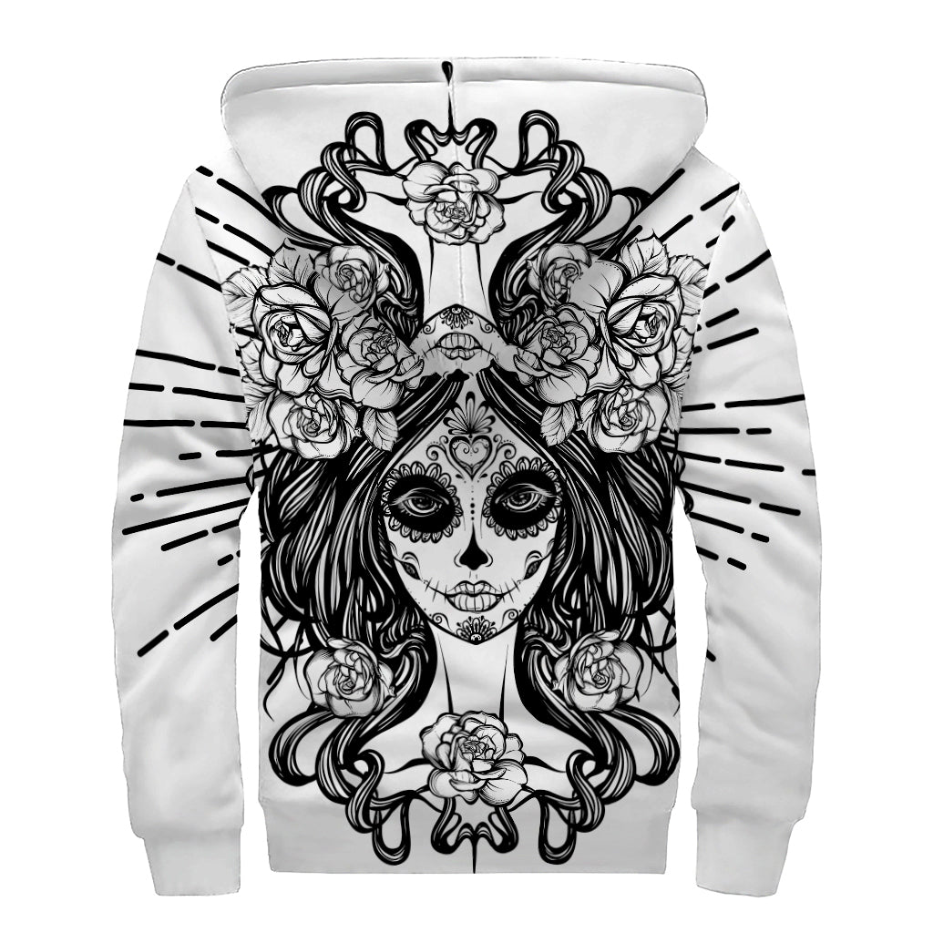 Black And White Calavera Girl Print Sherpa Lined Zip Up Hoodie