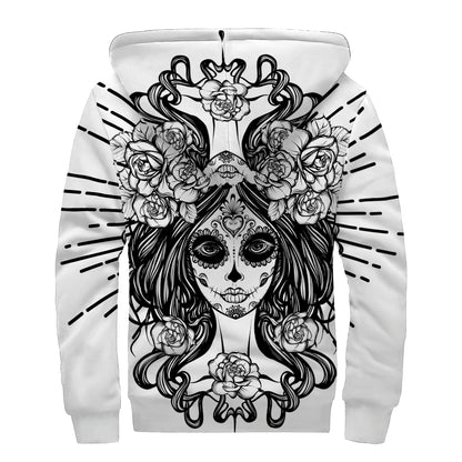 Black And White Calavera Girl Print Sherpa Lined Zip Up Hoodie