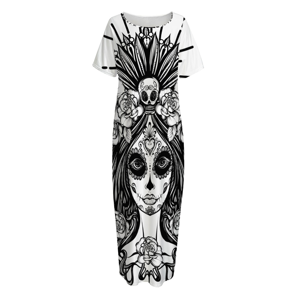 Black And White Calavera Girl Print Short Sleeve Long Nightdress