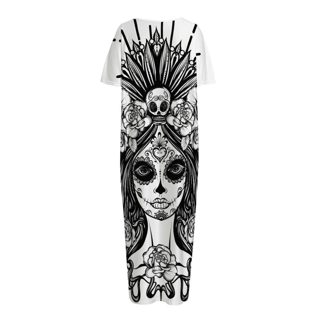Black And White Calavera Girl Print Short Sleeve Long Nightdress