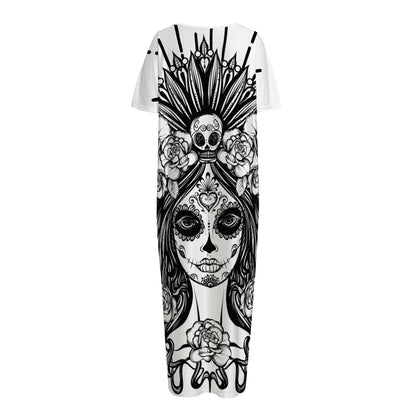 Black And White Calavera Girl Print Short Sleeve Long Nightdress