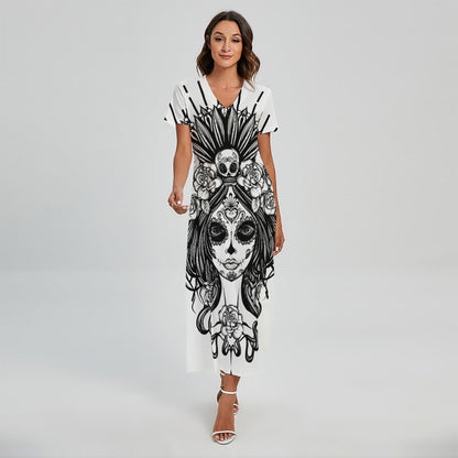 Black And White Calavera Girl Print Short Sleeve Maxi Dress