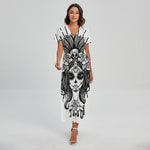 Black And White Calavera Girl Print Short Sleeve Maxi Dress