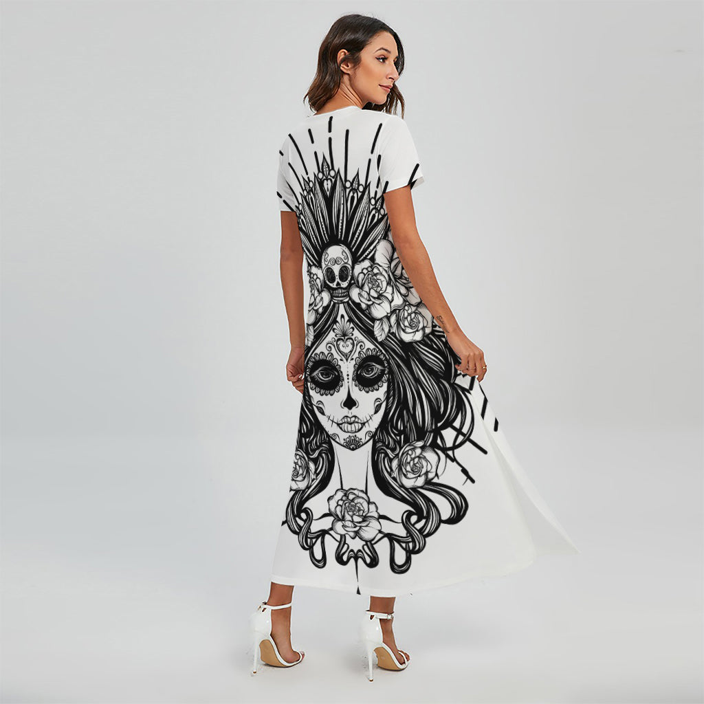 Black And White Calavera Girl Print Short Sleeve Maxi Dress