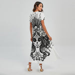 Black And White Calavera Girl Print Short Sleeve Maxi Dress