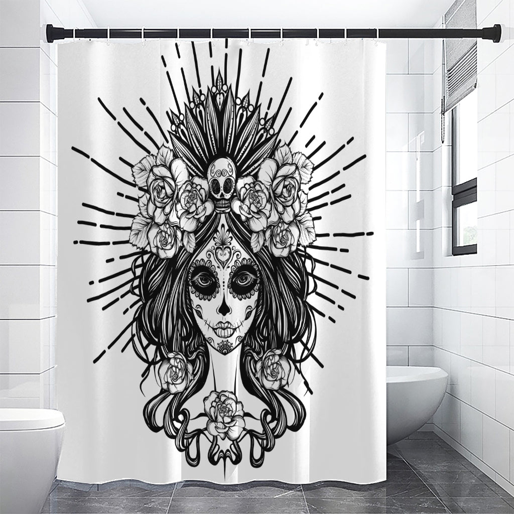 Black And White Calavera Girl Print Shower Curtain
