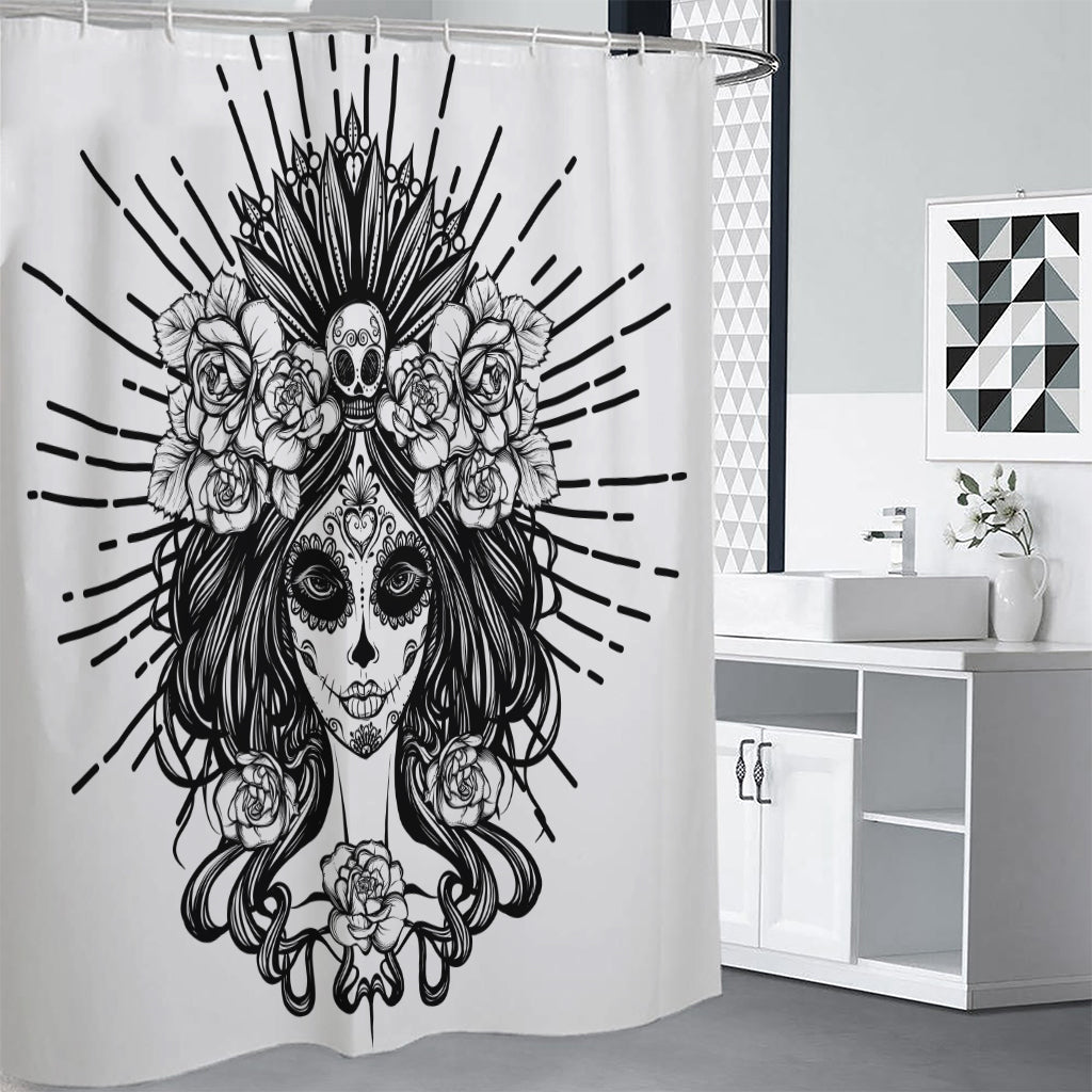 Black And White Calavera Girl Print Shower Curtain