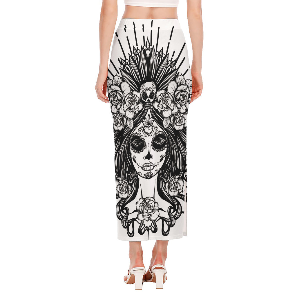 Black And White Calavera Girl Print Side Slit Maxi Skirt