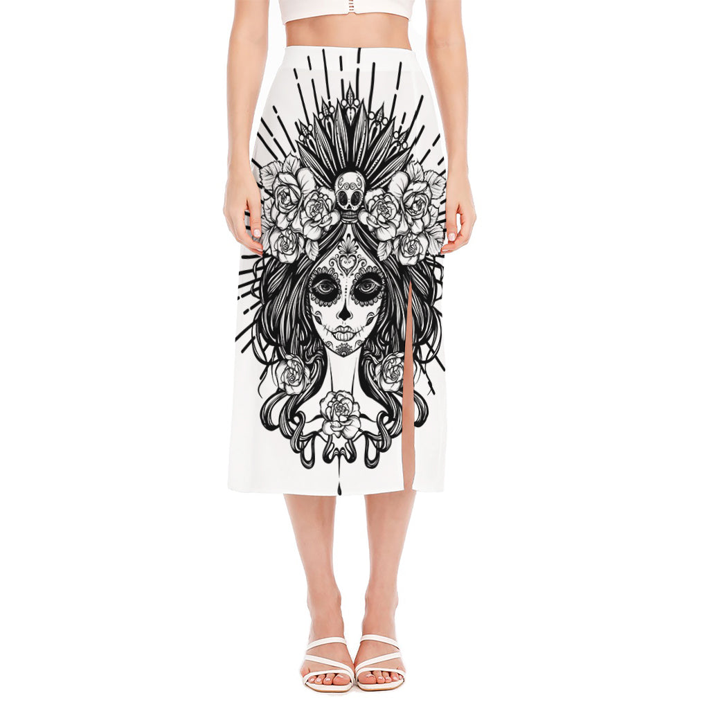 Black And White Calavera Girl Print Side Slit Midi Skirt