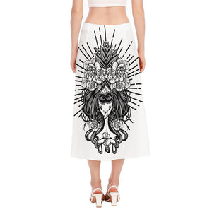 Black And White Calavera Girl Print Side Slit Midi Skirt