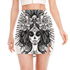 Black And White Calavera Girl Print Side Slit Mini Skirt