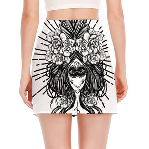 Black And White Calavera Girl Print Side Slit Mini Skirt