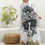 Black And White Calavera Girl Print Silk V-Neck Kaftan Dress