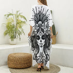 Black And White Calavera Girl Print Silk V-Neck Kaftan Dress