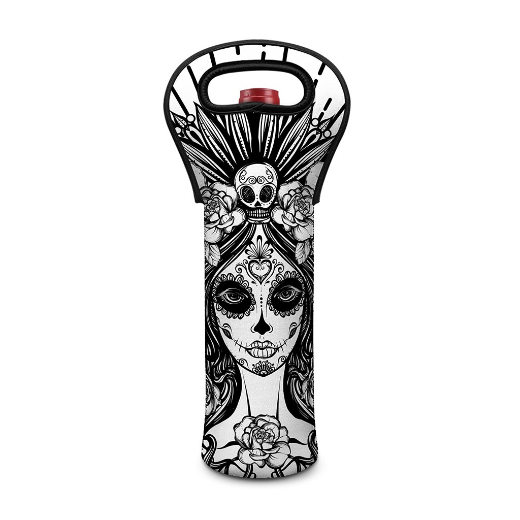 Black And White Calavera Girl Print Single Neoprene Wine Tote