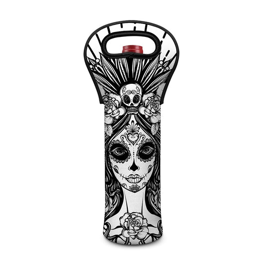 Black And White Calavera Girl Print Single Neoprene Wine Tote