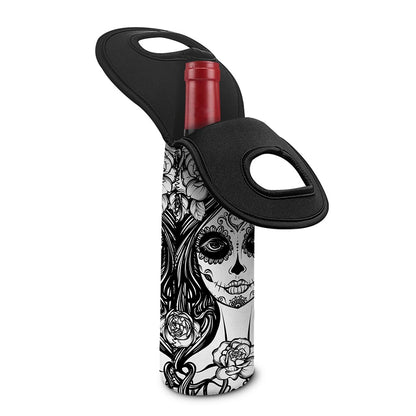 Black And White Calavera Girl Print Single Neoprene Wine Tote
