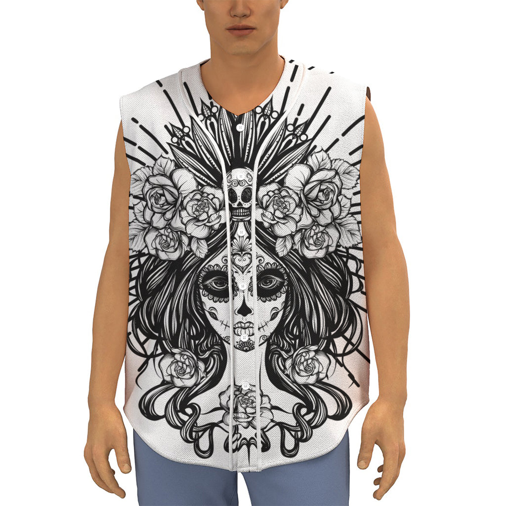 Black And White Calavera Girl Print Sleeveless Baseball Jersey