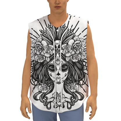 Black And White Calavera Girl Print Sleeveless Baseball Jersey