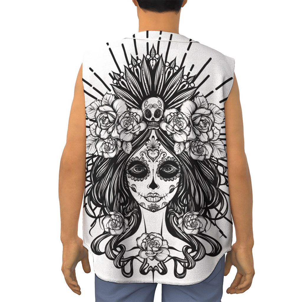 Black And White Calavera Girl Print Sleeveless Baseball Jersey