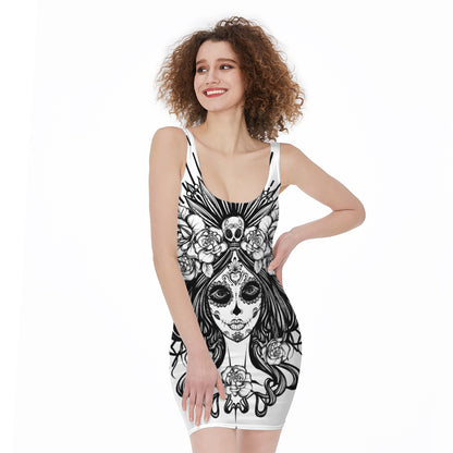 Black And White Calavera Girl Print Sleeveless Bodycon Dress