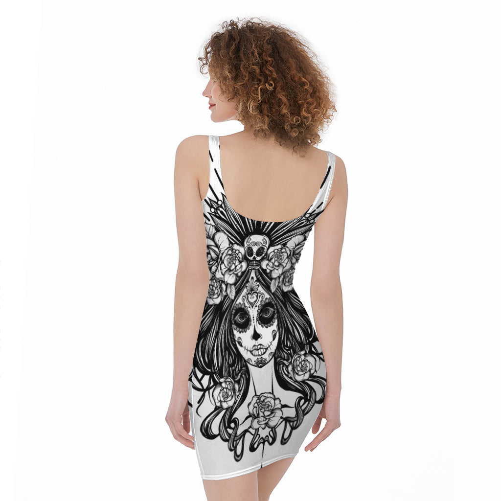 Black And White Calavera Girl Print Sleeveless Bodycon Dress