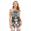 Black And White Calavera Girl Print Sleeveless One Piece Swimsuit