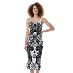Black And White Calavera Girl Print Slim Fit Midi Cami Dress